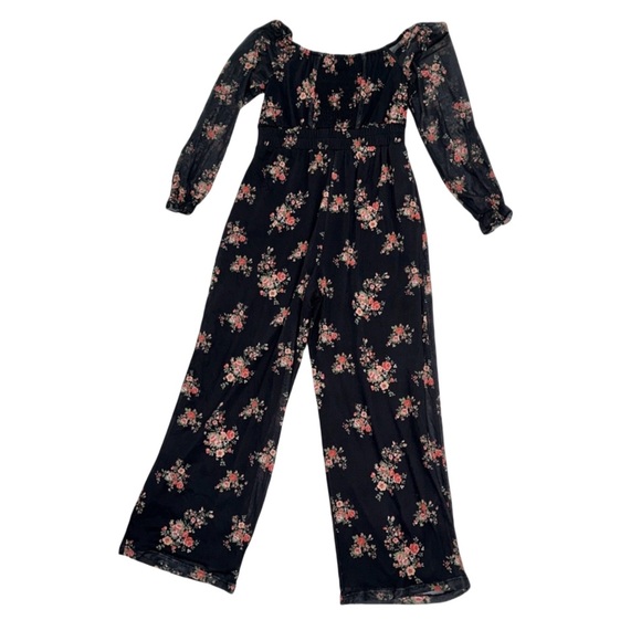 three pink hearts Other - The Pink Hearts Girls Black Floral Long Sleeve Off-Shoulder Jumpsuit Size M